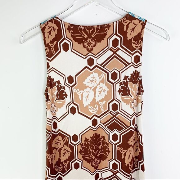 Hale Bob Multicolor Brown/White/Turquoise Geo Print Sleeveless Silk Dress Boho - Picture 4 of 12